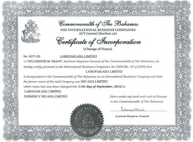 certificado de cambio de nombre LABIOFAM ASIA LIMITED